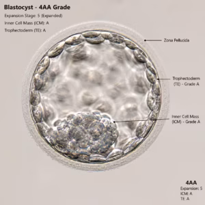 High-quality 4AA grade blastocyst embryo under IVF laboratory microscope showing excellent inner cell mass and trophectoderm quality for embryo transfer