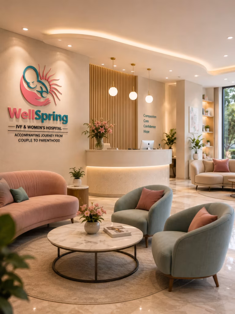 Elegant and modern IVF clinic reception area at Wellspring IVF & Women’s Hospital Ahmedabad designed to provide a comfortable, welcoming, and patient-friendly fertility care environment