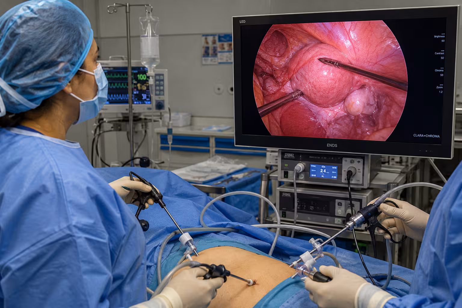 Laparoscopy for infertility Ahmedabad : Advanced gynecological laparoscopic surgery being performed for fertility-preserving treatment using minimally invasive surgical techniques at Wellspring IVF & Women’s Hospital Ahmedabad