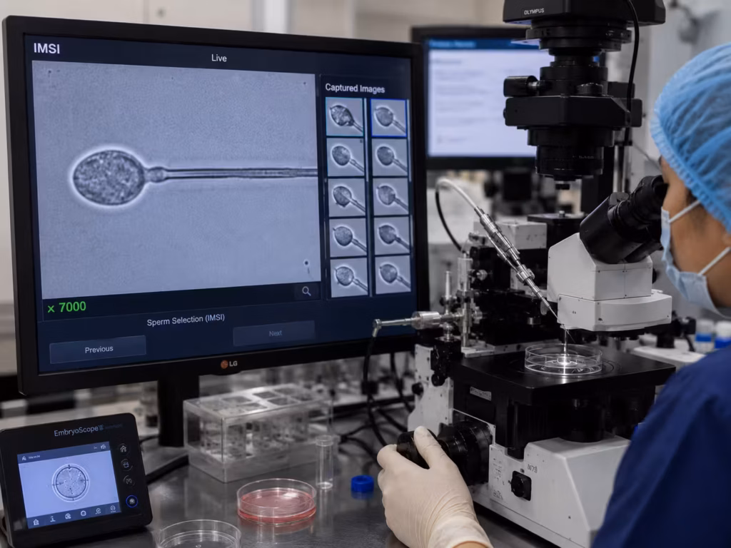 IMSI sperm selection procedure at Wellspring IVF & Women’s Hospital Ahmedabad using high-magnification microscope for advanced male infertility treatment