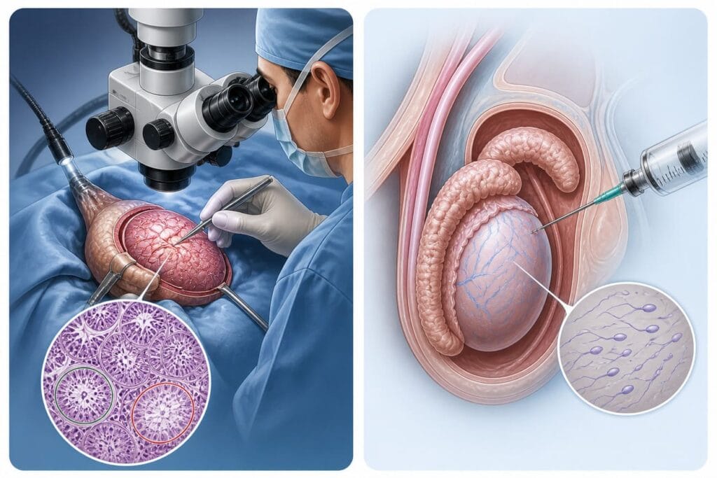 Illustration of Micro-TESE procedure showing microsurgical sperm retrieval from testicular tissue for male infertility treatment