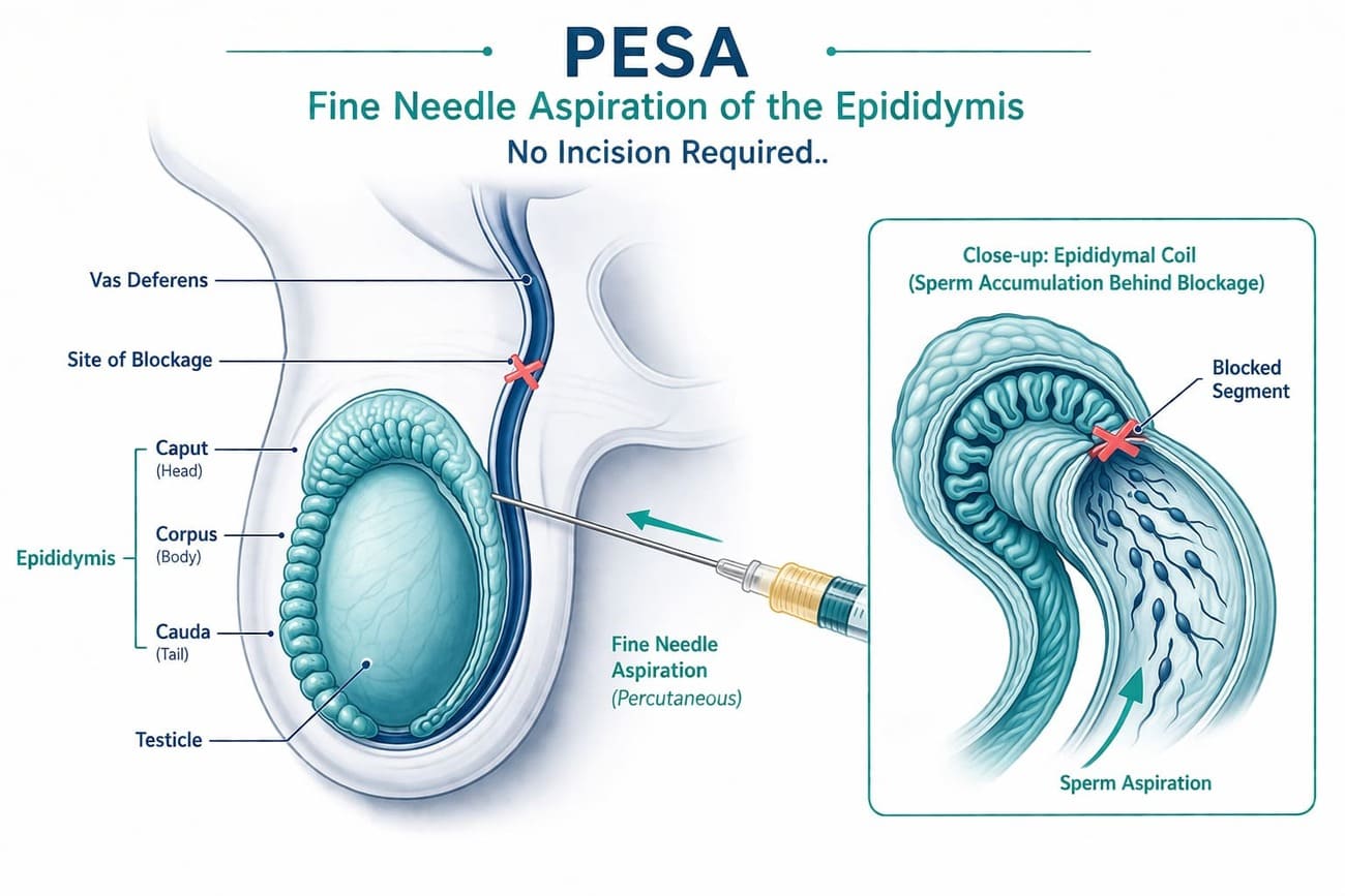 Medical illustration of PESA procedure showing fine needle sperm aspiration from the epididymis for male infertility treatment