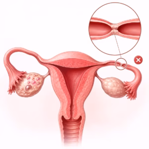 Blocked fallopian tube causing female infertility with enlarged view showing tubal obstruction preventing egg and sperm transport
