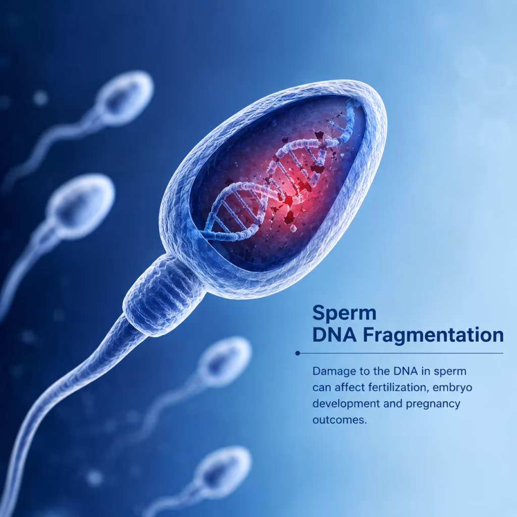 Sperm DNA fragmentation illustration showing damaged genetic material within a sperm cell affecting fertilization, embryo development, and pregnancy outcomes