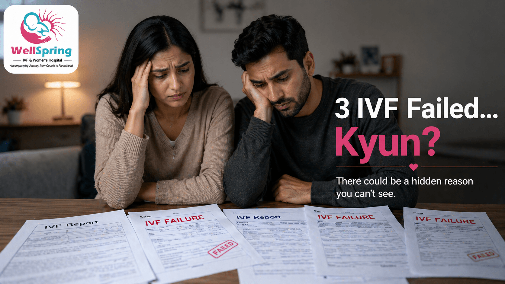 Disappointed couple reviewing failed IVF reports at Wellspring IVF & Women's Hospital, highlighting expert solutions for repeated IVF failure and hidden causes of infertility