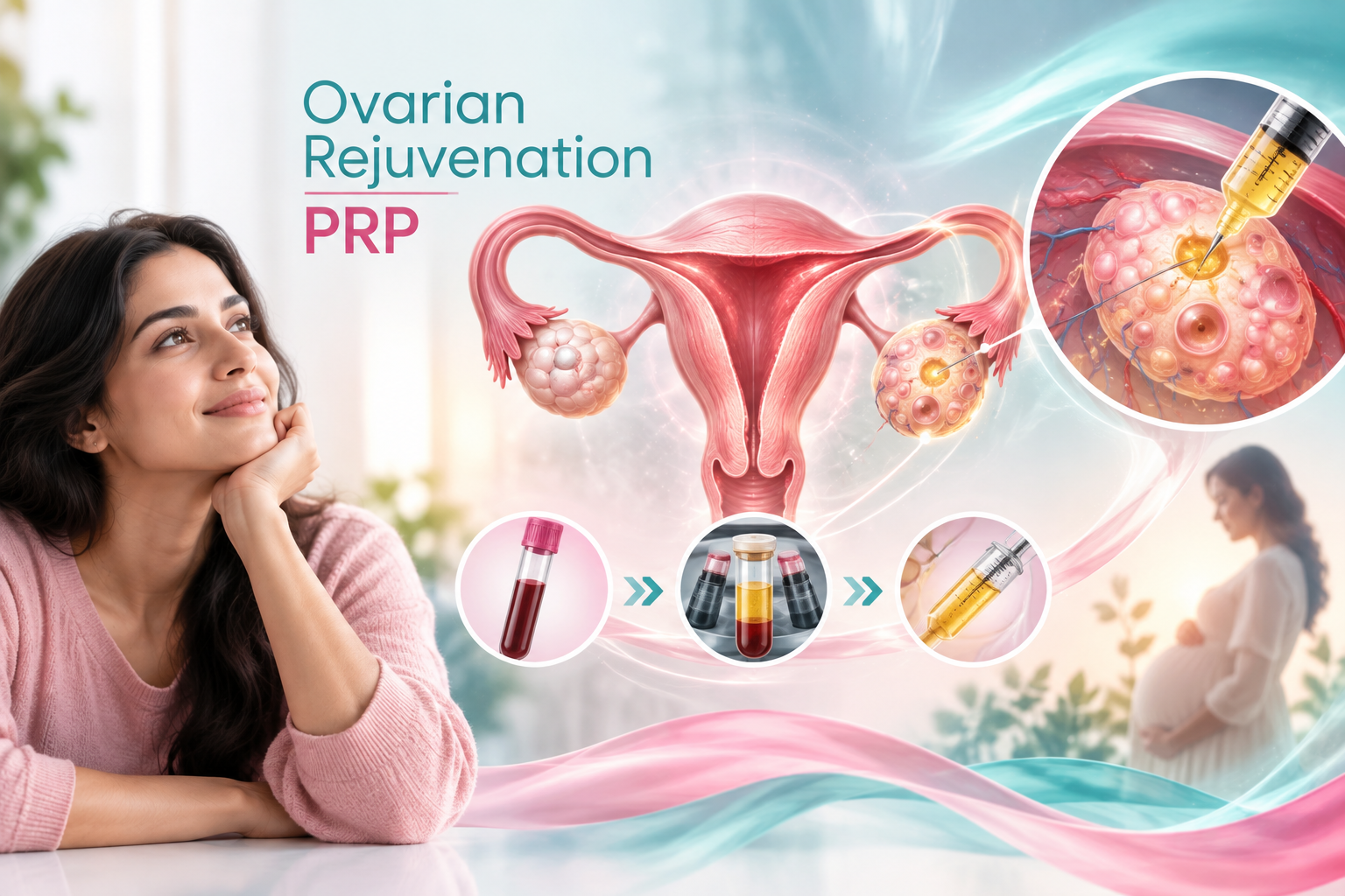 Ovarian rejuvenation with PRP illustration showing ovarian treatment, blood processing and PRP injection at Wellspring IVF & Women's Hospital