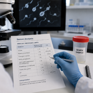 A laboratory report displaying WHO 2021 semen analysis reference limits next to a microscope, sample collection container, and a medical professional reviewing parameters.