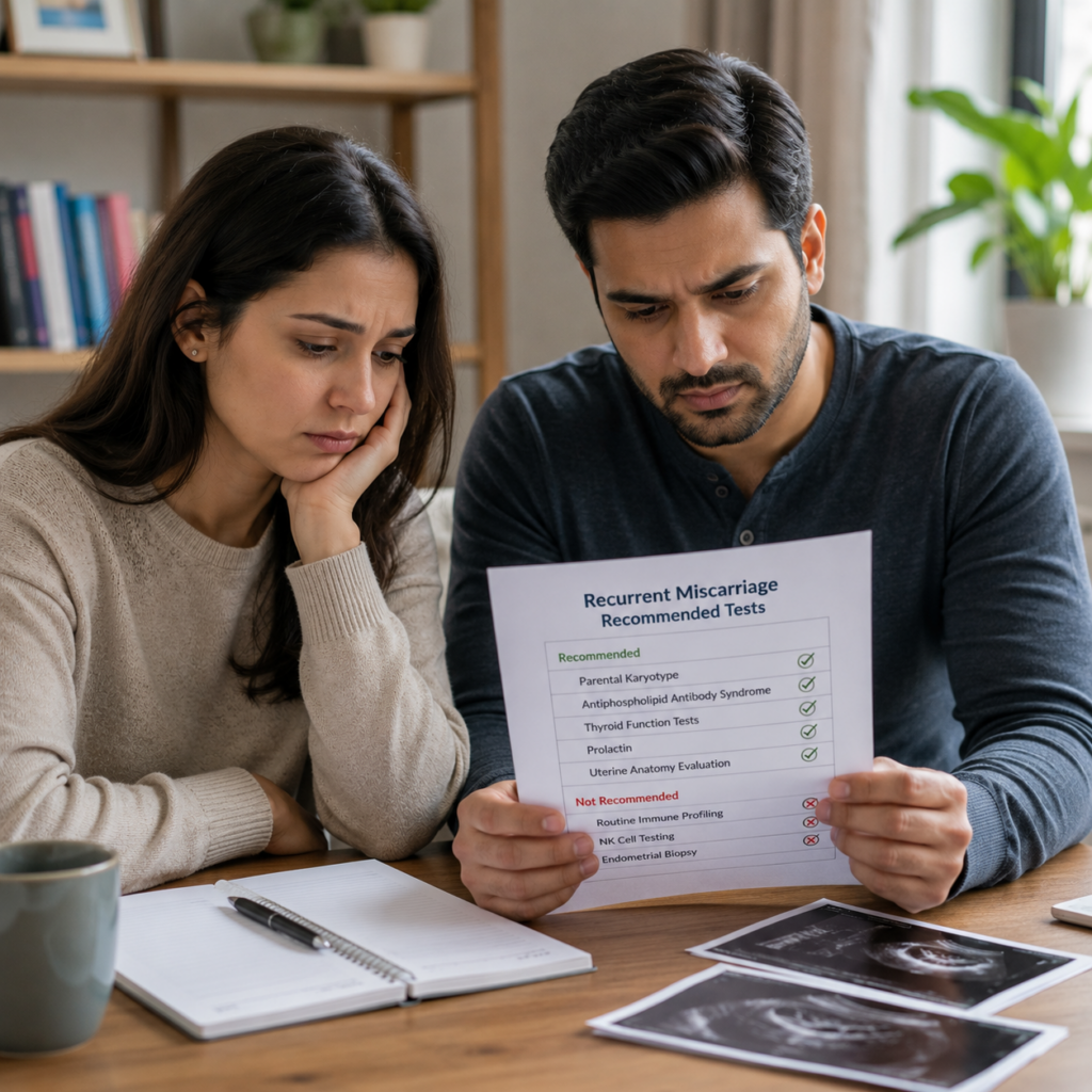 An Indian couple reviewing a checklist document labeled "Recurrent Miscarriage Recommended Tests" alongside ultrasound scans during a medical consultation.