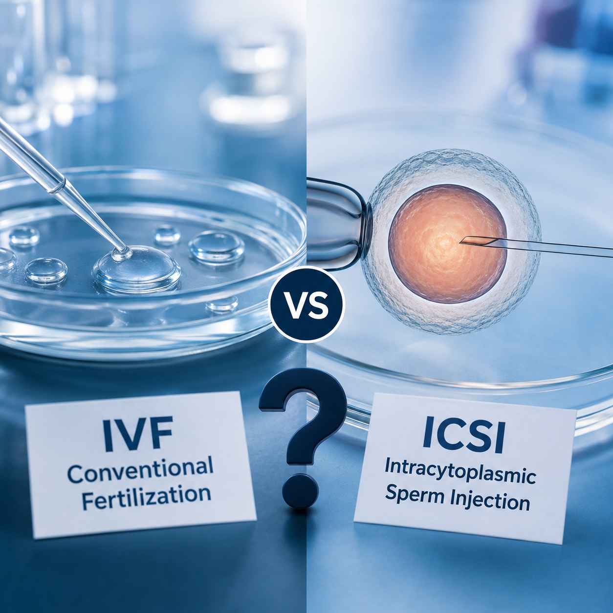 A comparison graphic contrasting IVF conventional fertilization with ICSI (Intracytoplasmic Sperm Injection), featuring a split-screen view of laboratory procedures and decision cards.