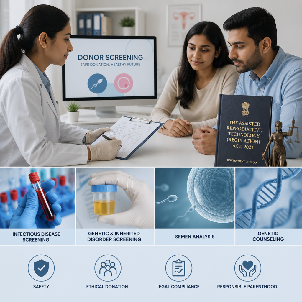 An infographic illustrating egg and sperm donor screening guidelines under the Assisted Reproductive Technology Act, featuring sections on infectious disease testing, genetic counseling, and legal compliance.