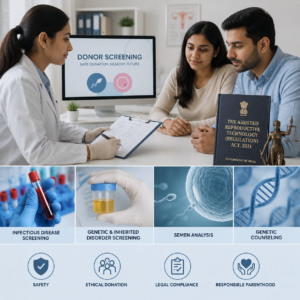 An infographic illustrating egg and sperm donor screening guidelines under the Assisted Reproductive Technology Act, featuring sections on infectious disease testing, genetic counseling, and legal compliance.
