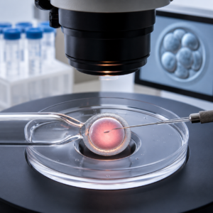 A high-magnification microscope view of an ICSI procedure showing a micro-needle injecting a single sperm into an egg inside a petri dish to improve IVF success rates.