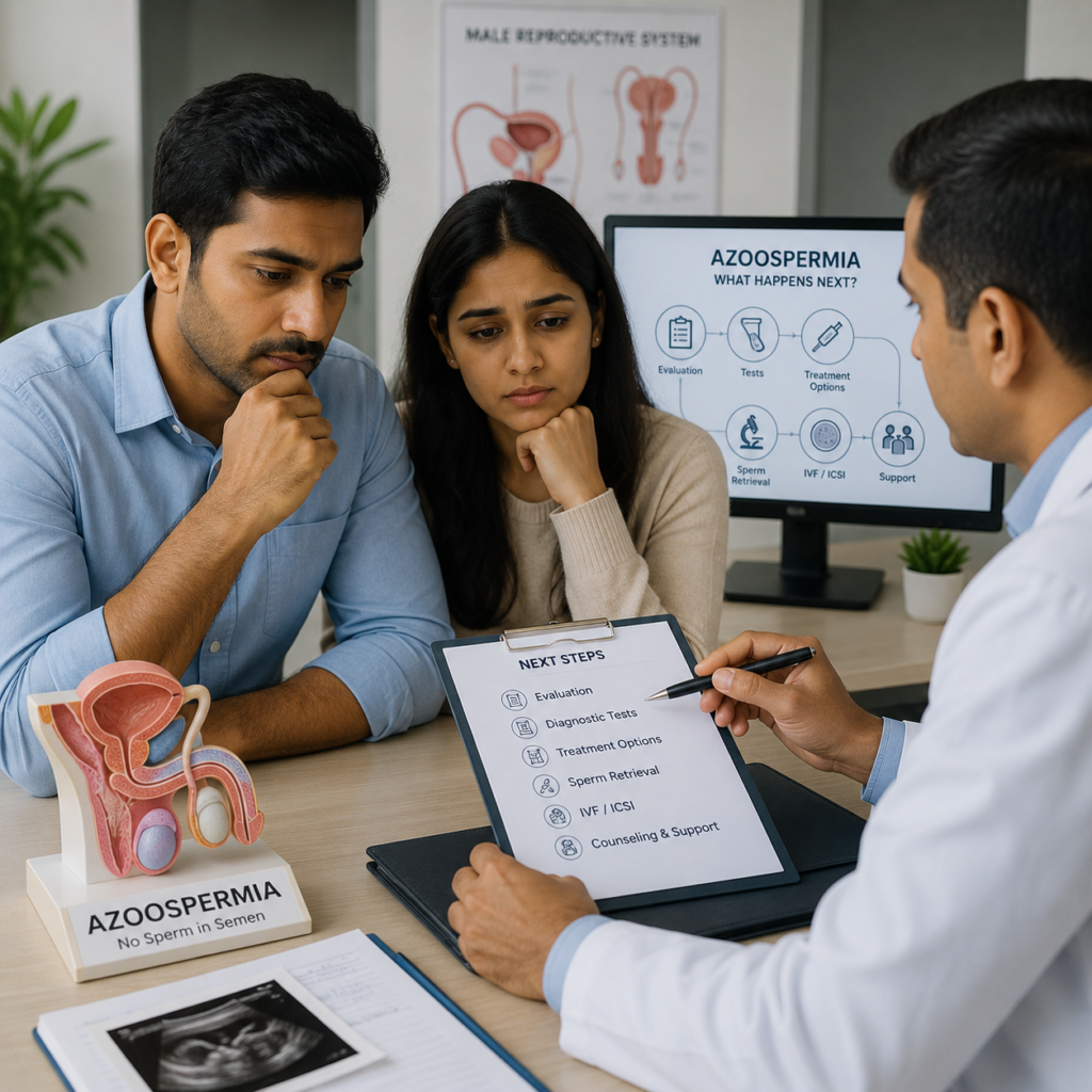 An Indian couple discussing azoospermia and treatment options with a fertility specialist during a medical consultation, with a male reproductive system anatomy model and diagnostic workflow chart in the background.