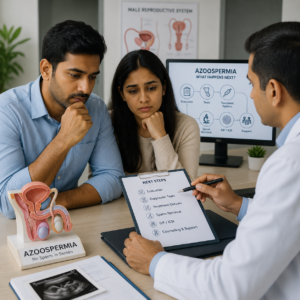 An Indian couple discussing azoospermia and treatment options with a fertility specialist during a medical consultation, with a male reproductive system anatomy model and diagnostic workflow chart in the background.