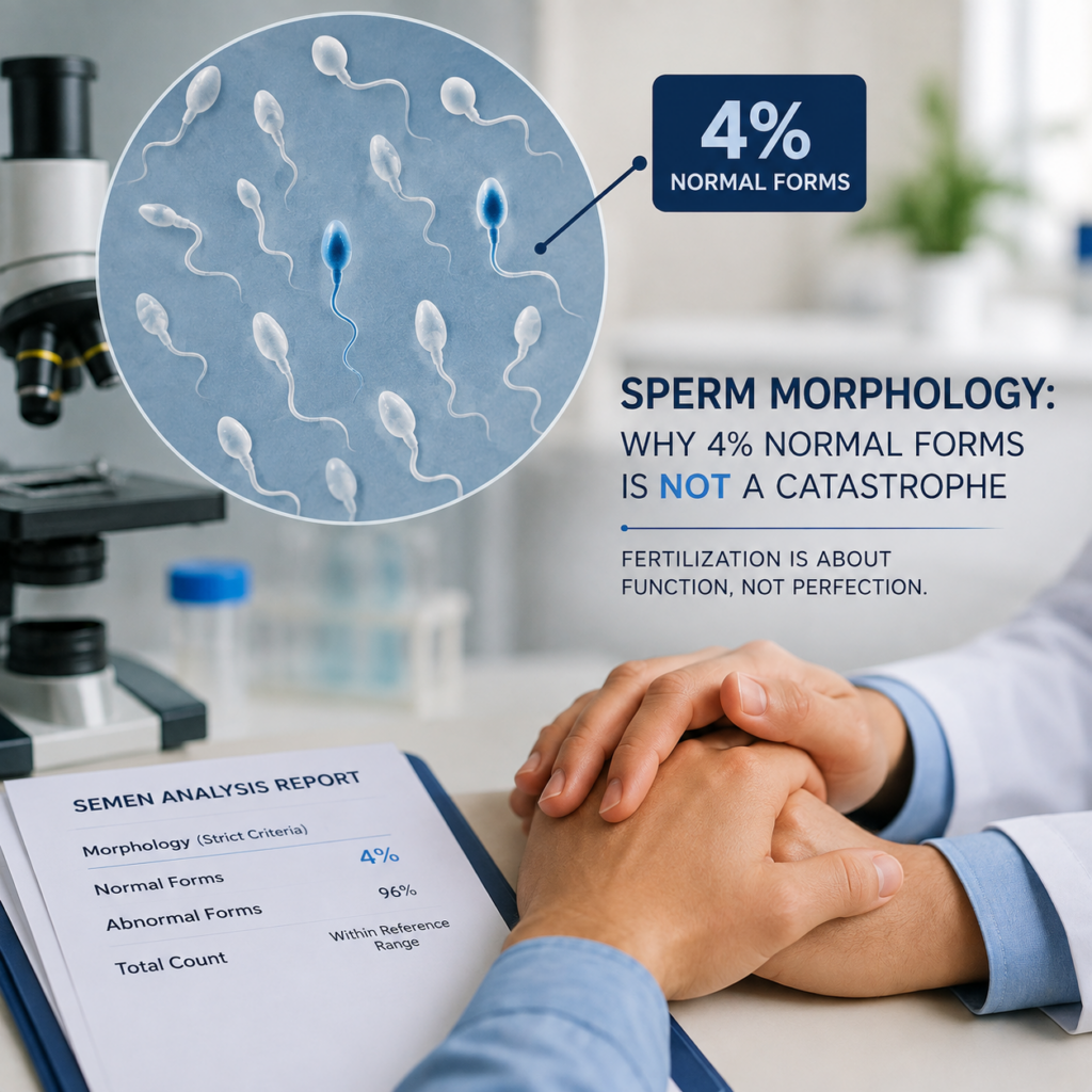 A medical infographic showing a semen analysis report with 4 percent normal forms, alongside a doctor comforting a patient in a clinic and a microscopic view of sperm cells explaining that sperm morphology focuses on function over perfection.