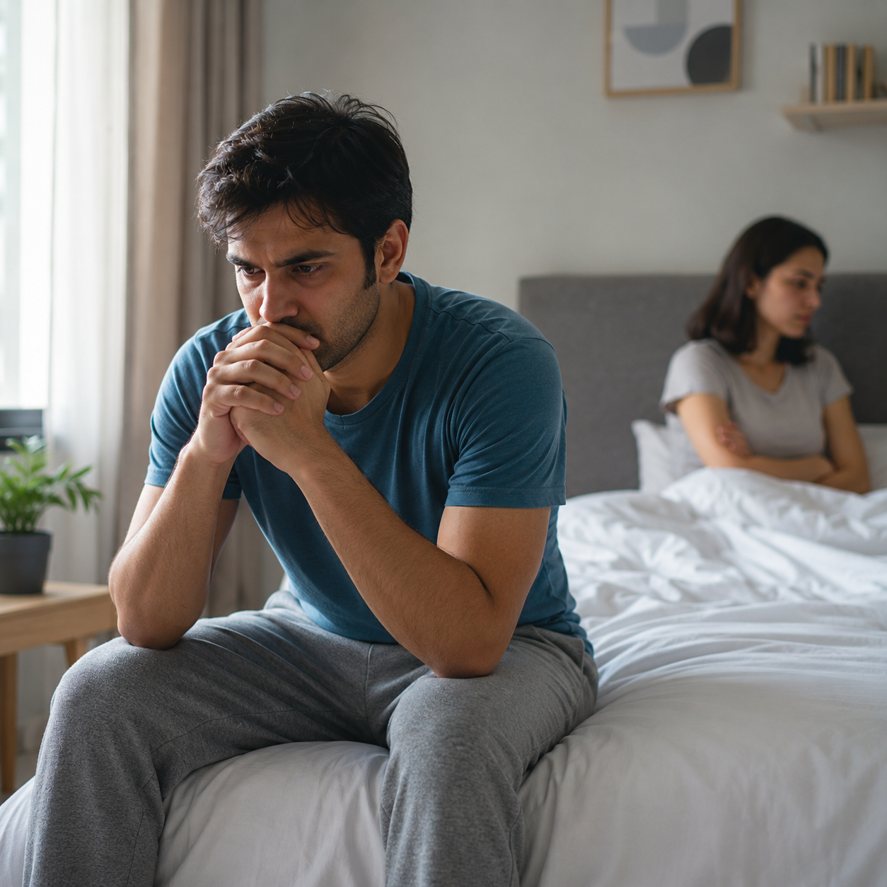 A worried Indian man sitting on a bed with his head in his hands, looking stressed about male infertility, while his partner sits upset in the background.