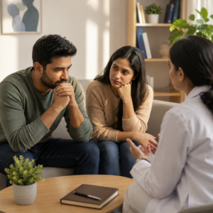 An Indian couple looking stressed and concerned while sitting with a fertility specialist during a medical consultation discussing the impact of stress on infertility.