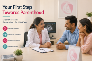Fertility specialist discussing IVF timelines and treatment options with a couple in a clinic