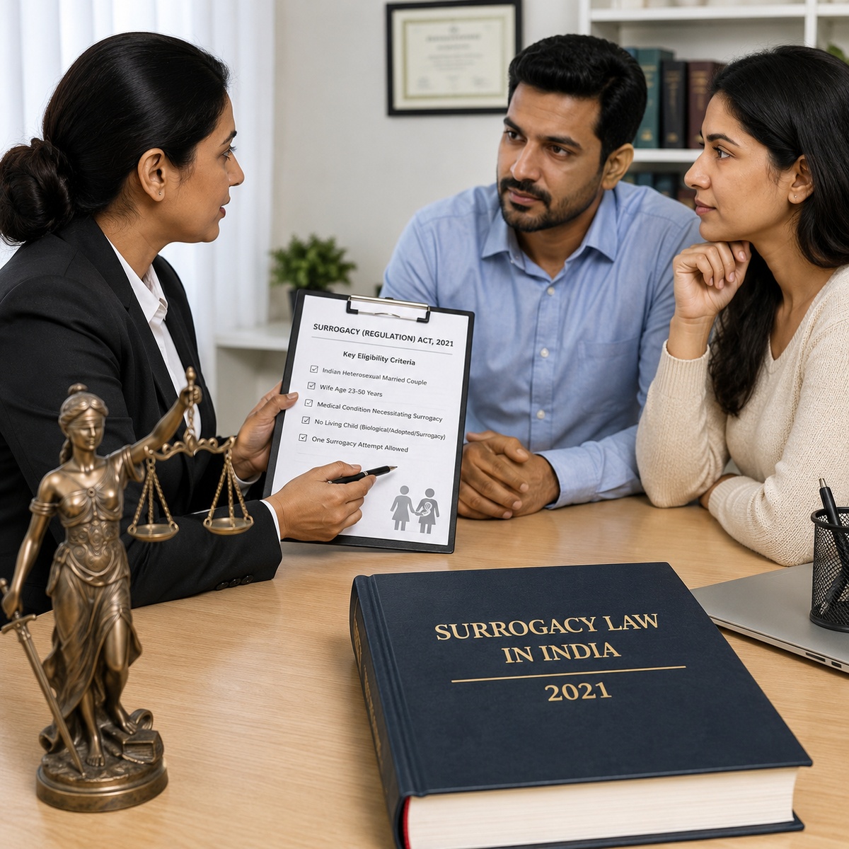 A legal consultation scene showing a professional advisor holding a document outlining the Surrogacy (Regulation) Act, 2021, with an Indian couple sitting across the desk and a statue of Lady Justice in the foreground, illustrating legal eligibility for surrogacy in India.