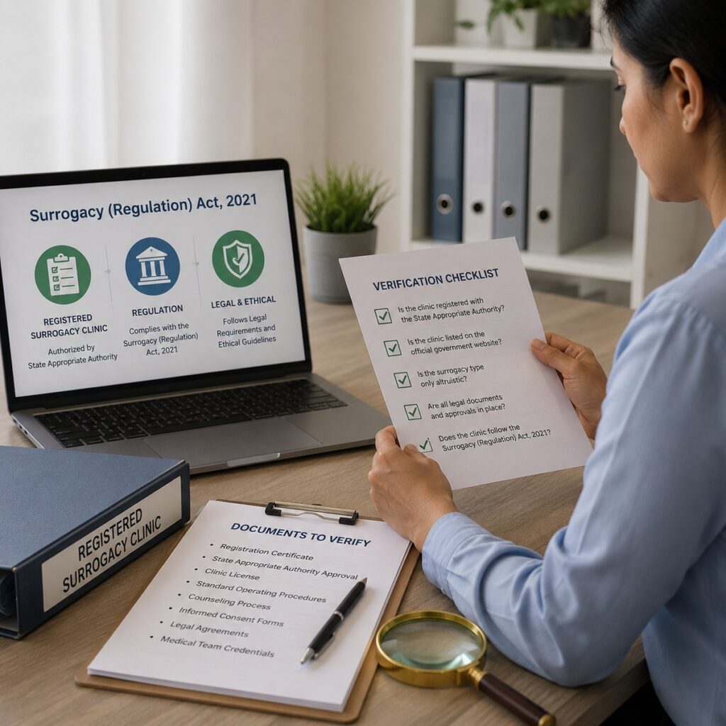 A person reviewing a verification checklist and legal documents next to a laptop displaying Surrogacy (Regulation) Act compliance icons and a "Registered Surrogacy Clinic" sign.