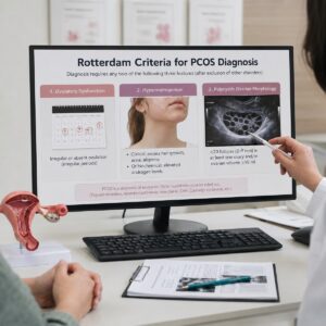 A medical presentation on a computer monitor displaying the Rotterdam Criteria for PCOS diagnosis (Ovulatory Dysfunction, Hyperandrogenism, and Polycystic Ovarian Morphology) during a patient consultation.