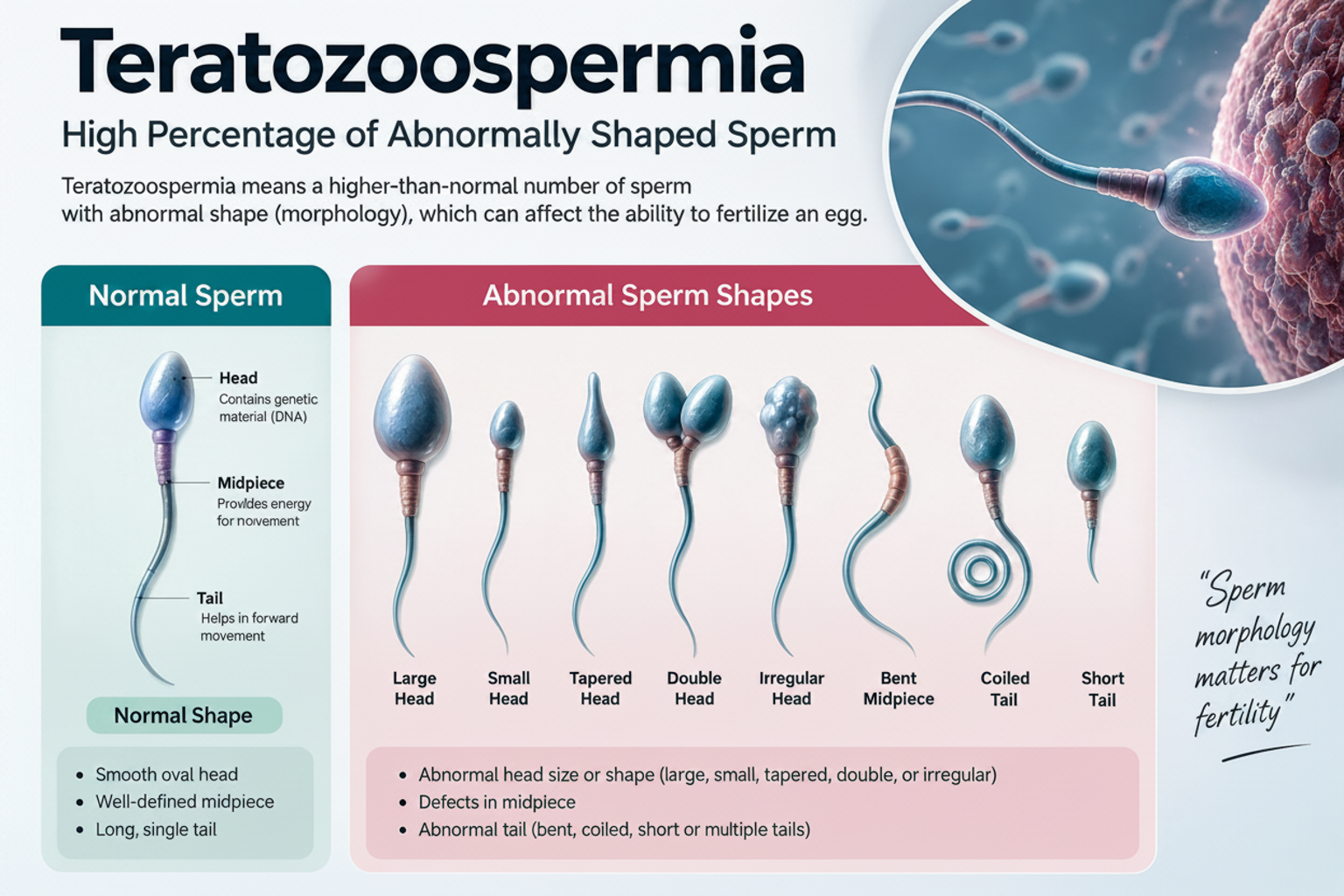 **Alt text:** Medical illustration of teratozoospermia showing normal sperm morphology compared with abnormally shaped sperm, including large, small, tapered, double, and irregular heads, bent midpiece, and coiled or short tails.