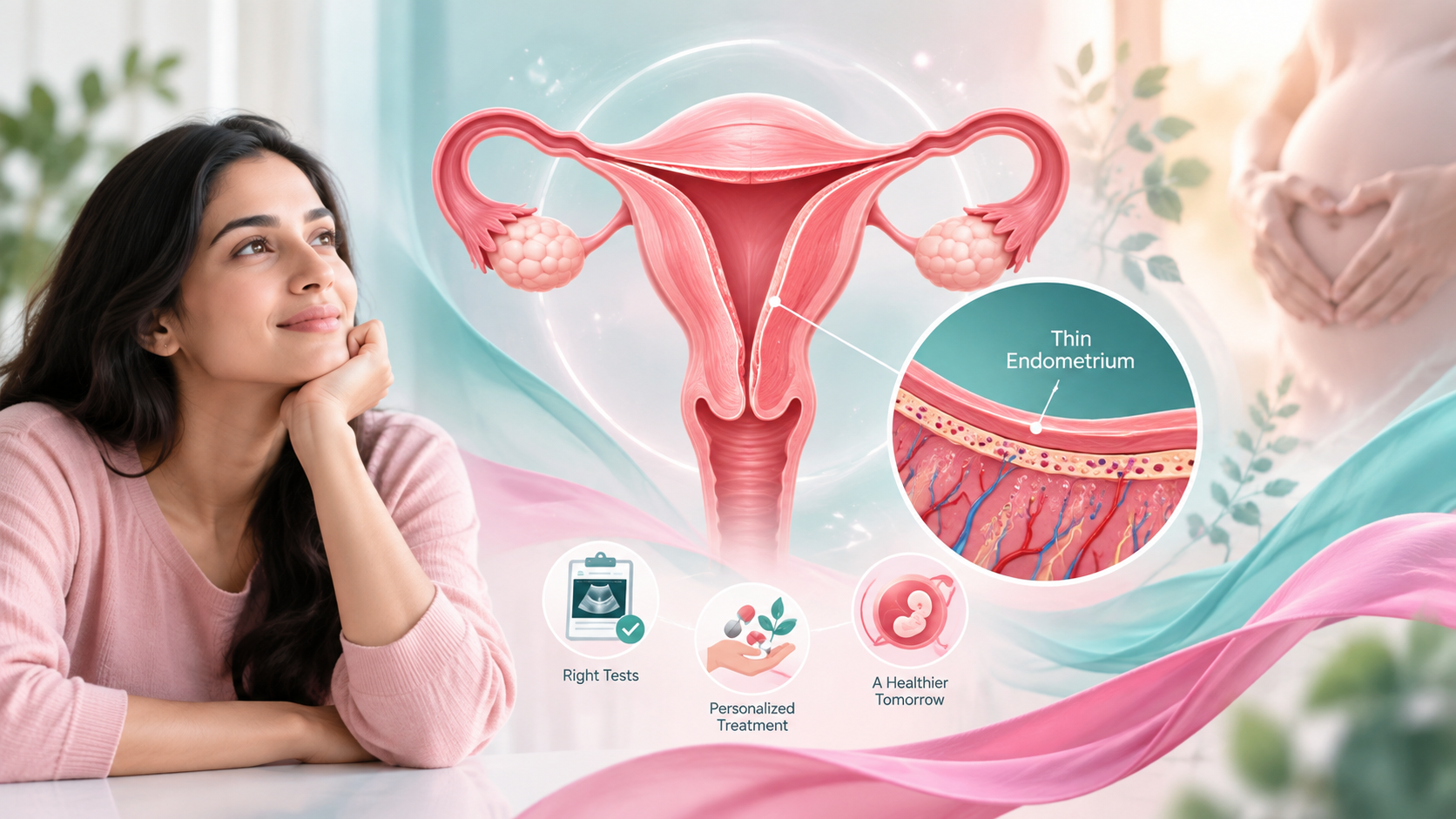 Thin endometrium illustration showing the uterine lining, diagnostic testing and personalized fertility treatment at Wellspring IVF